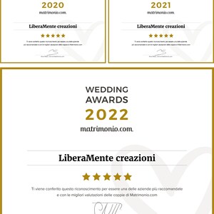 May include: A white certificate with gold text and a gold star rating. The certificate reads "Wedding Awards 2022 matrimonio.com LiberaMente creazioni" and includes a signature from Angel Llull, President International - The Knot Worldwide.
