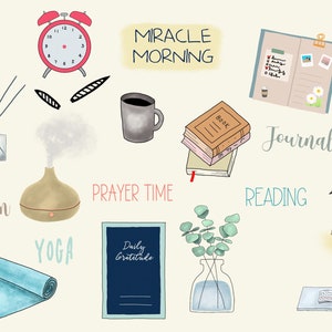 Miracle Morning Digital Stickers - Hand Drawn, Pre-Cropped PNGs, GoodNotes File, Digital Planner, Journaling, Yoga, Books, Self Care, Coffee