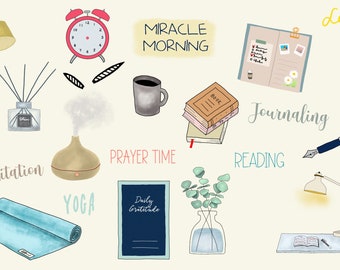 Miracle Morning Digital Stickers - Hand Drawn, Pre-Cropped PNGs, GoodNotes File, Digital Planner, Journaling, Yoga, Books, Self Care, Coffee