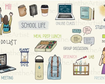 School Life Digital Stickers - Hand Drawn, Pre-Cropped PNGs, GoodNotes File, Digital Planner, College, Student, Back to school, Clip Art