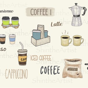 Può includere: Un'illustrazione digitale di diverse bevande al caffè, tra cui Americano, Espresso, Latte, Cappuccino, Caffè freddo e un sacchetto di chicchi di caffè. L'illustrazione è in stile acquerello con uno sfondo beige chiaro.