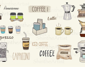 Coffee Espresso Digital Stickers - Hand Drawn, Pre-Cropped PNGs, GoodNotes File, Digital Planner, Clip Art, iPAD planner