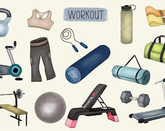 Workout Digital Stickers - Hand Drawn, Pre-Cropped PNGs, GoodNotes File, Digital Planner, Journaling, Foam Roller, Exercises, Gym, Home Gym