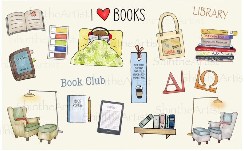 Books Digital Stickers Hand Drawn, Pre-Cropped PNGs, GoodNotes, Digital Planner, Digital Journaling, Books, Self Care, Book Lover image 1