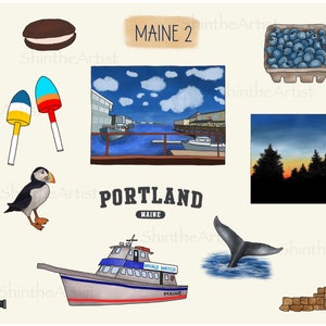 Maine State Digital Stickers 2 - Acadia, PNG dessinés à la main, pré-recadrés, fichier GoodNotes, planificateur numérique, Portland, phare, vacances, moi