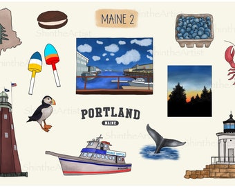 Maine State Digital Stickers 2 - Acadia, Hand Drawn, Pre-Cropped PNGs, GoodNotes File, Digital Planner, Portland, Lighthouse, Vacation, ME