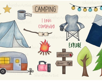 Camping Digital Stickers - Hand Drawn, Pre-Cropped PNGs, GoodNotes File, Digital Planner, Clip Art, Digital art, Let's go Camping, Printable