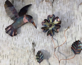 Flower Copper Wall Sculpture with/or not Hummingbirds. FlamePainted by Copper Colorist. Handmade