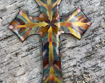 Ornate Copper Cross 8" for Wall. FlameColored Copper Christian Medium/5 sizes
