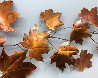Fall Decor FlamePainted Copper Maple Leaf Branch for Wall or Tabletop.   Handmade.  2 lengths.