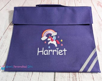 Mochila infantil personalizada, mochila de lectura con unicornio arcoíris morado, bordado con arcoíris, unicornio y nombre (7 colores a elegir).
