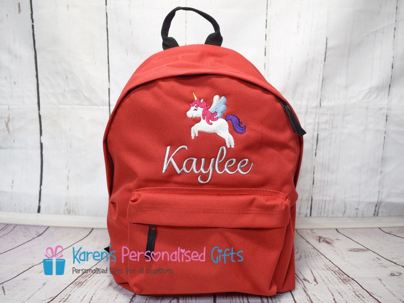 Personalised Backpack, Pink, Kids Embroidered Unicorn Name, School Bag, Back to School, Rucksack, Choice of colours Red