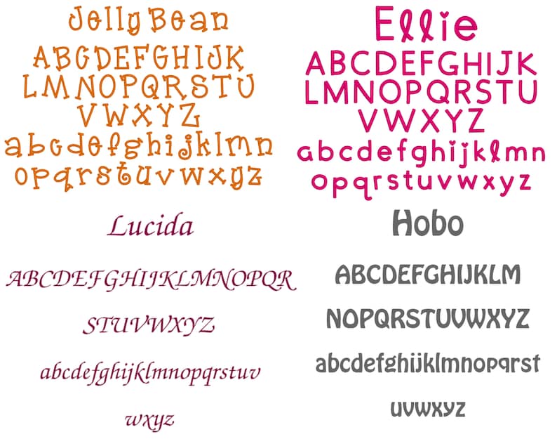 Puede incluir: Una comparaci&oacute;n visual de diferentes estilos de fuente. Las fuentes est&aacute;n etiquetadas como "Jelly Bean", "Ellie", "Lucida" y "Hobo". Cada fuente se muestra en letras may&uacute;sculas y min&uacute;sculas.