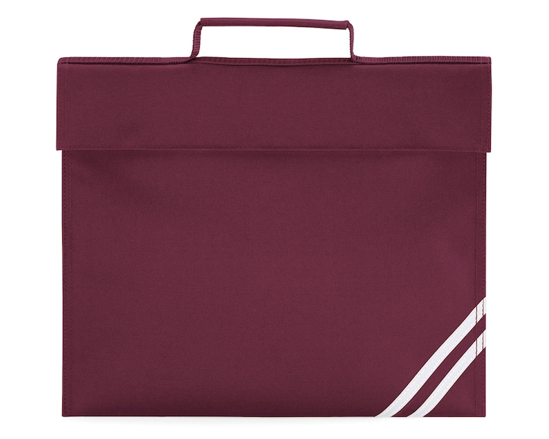 Puede incluir: Una mochila escolar de color burdeos con un asa blanca y dos rayas blancas en el lateral.