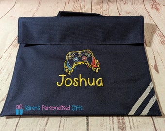 Bolsa de libros para niños personalizada, bolsa de libros de lectura del controlador de juegos de la marina, bolsa de libros bordada, bolsa de libros escolares, (elección de 7 colores)