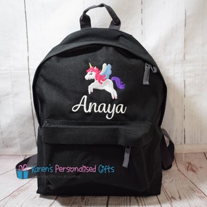 Personalised Backpack, Pink, Kids Embroidered Unicorn Name, School Bag, Back to School, Rucksack, Choice of colours Black