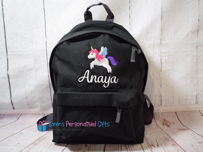 Personalised Backpack, Pink, Kids Embroidered Unicorn Name, School Bag, Back to School, Rucksack, Choice of colours Black