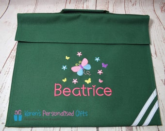 Personalised Kids Book Bag, Bottle Green Butterfly Reading Book Bag, Embroidered Butterflies + Name, School Book bag, (Choice of 7 colours)