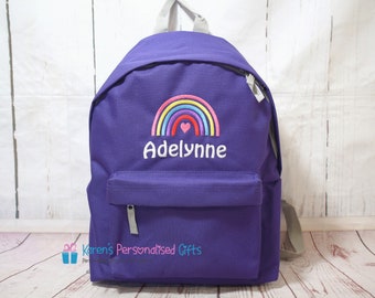 Personalised Backpack, Purple, Kids Embroidered Rainbow + Name, School Bag, Back to School, Rucksack, (Choice of colours)