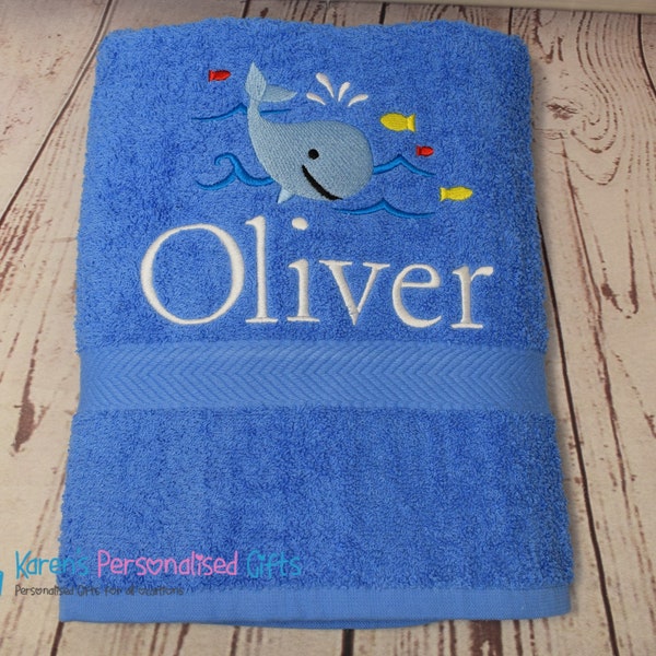 Personalised Kids Bath Towel, Blue Whale Bath Towel, Children's Whale Swim Towel, Embroidered Bath Towel, (Choice of colours)
