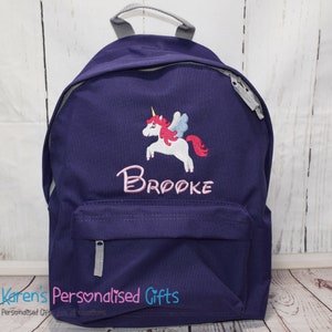 Personalised Backpack, Pink, Kids Embroidered Unicorn Name, School Bag, Back to School, Rucksack, Choice of colours Purple