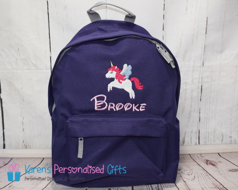 Personalised Backpack, Pink, Kids Embroidered Unicorn Name, School Bag, Back to School, Rucksack, Choice of colours Purple