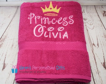 Personalised Kids Bath Towel, Pink Princess Bath Towel, Children's Swim Towel, Embroidered Bath Towel, (Choice of colours)