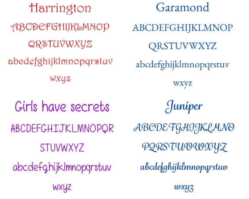Puede incluir: Una comparaci&oacute;n de dos fuentes diferentes, Harrington y Garamond. Las fuentes se muestran en letras may&uacute;sculas y min&uacute;sculas, as&iacute; como en n&uacute;meros. Las fuentes tambi&eacute;n se muestran en una frase, "Girls have secrets" para Harrington y "Juniper" para Garamond.