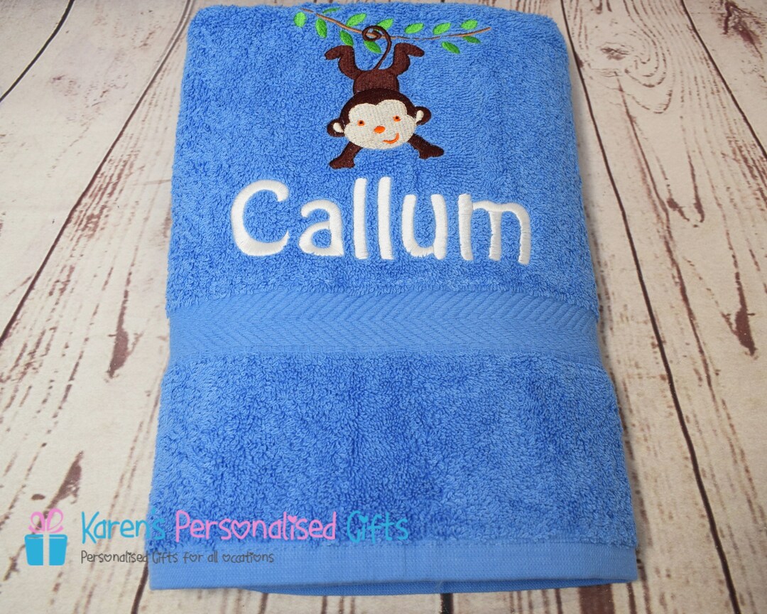 Personalised Kids Bath Towel, Blue Monkey Bath Towel, Children's Monkey Swim Towel, Embroidered