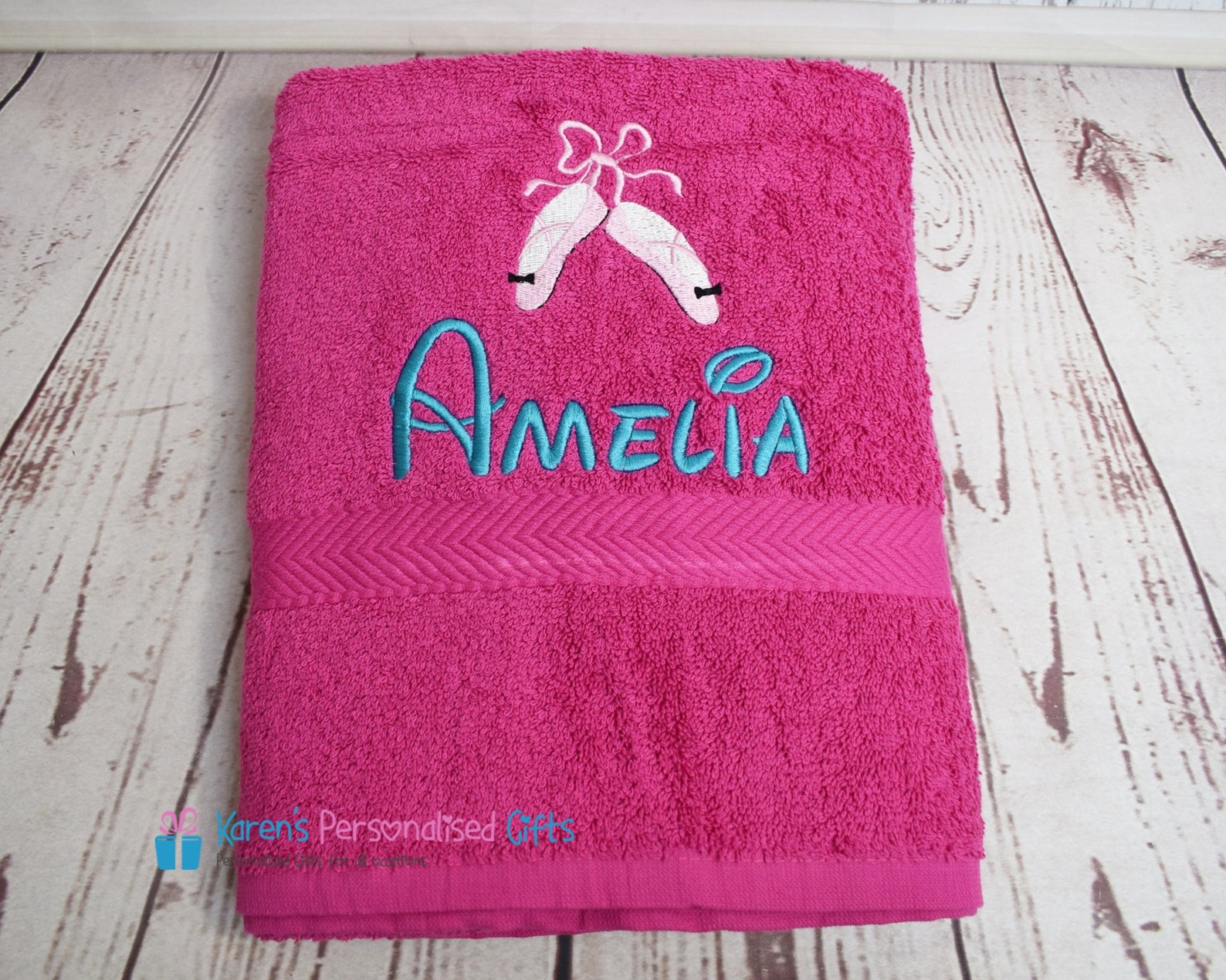 personalised kids bath towel, pink ballet shoes bath towel, children's ballet shoes swim towel, embroidered bath towel (choi