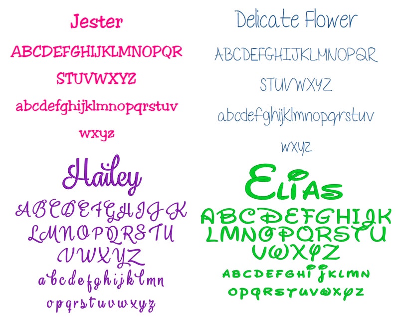 Puede incluir: Cuatro fuentes de alfabeto diferentes en varios colores. Las fuentes son "Jester" en rosa, "Delicate Flower" en azul, "Hailey" en morado y "Elias" en verde. Cada fuente incluye letras may&uacute;sculas y min&uacute;sculas.