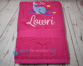 Personalised Kids Bath Towel, Pink Whale Bath Towel, Children's Whale Swim Towel, Embroidered Bath Towel, (Choice of colours)