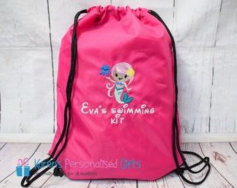 Personalised Pink Swim Bag, Embroidered Kids Swimming Bag, Mermaid design with Name & swimming kit embroidered underneath (Choice of colours