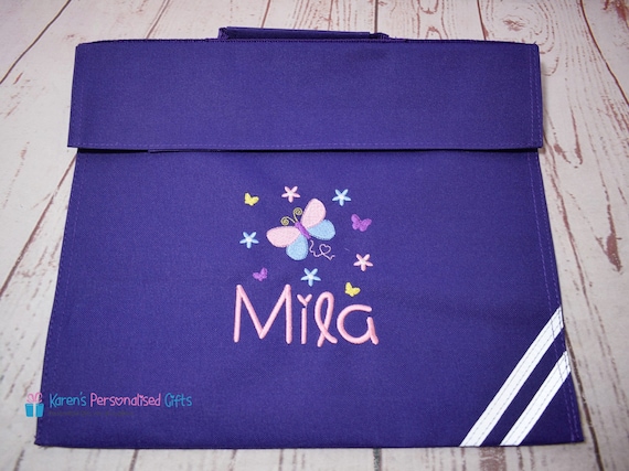 Personalised Kids Book Bag, Purple Butterfly Reading Book Bag, Embroidered Butterflies + Name, School Book bag, (Choice of 7 colours)