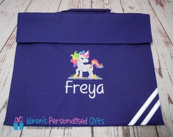 Bolsa de libros personalizada para niños, bolsa de libros de lectura de unicornio púrpura, unicornio lindo bordado + nombre, bolsa de libros escolares, (elección de 7 colores)