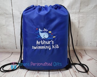 Personalised Swim Bag, Royal Blue Whale Swim Bag, Embroidered Kids Swimming Bag, Whale with Name, (Choice of colours)