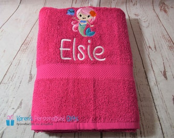 Personalised Kids Bath Towel, Pink Mermaid Bath Towel, Children's Mermaid Swim Towel, Embroidered Bath Towel, (Choice of colours)