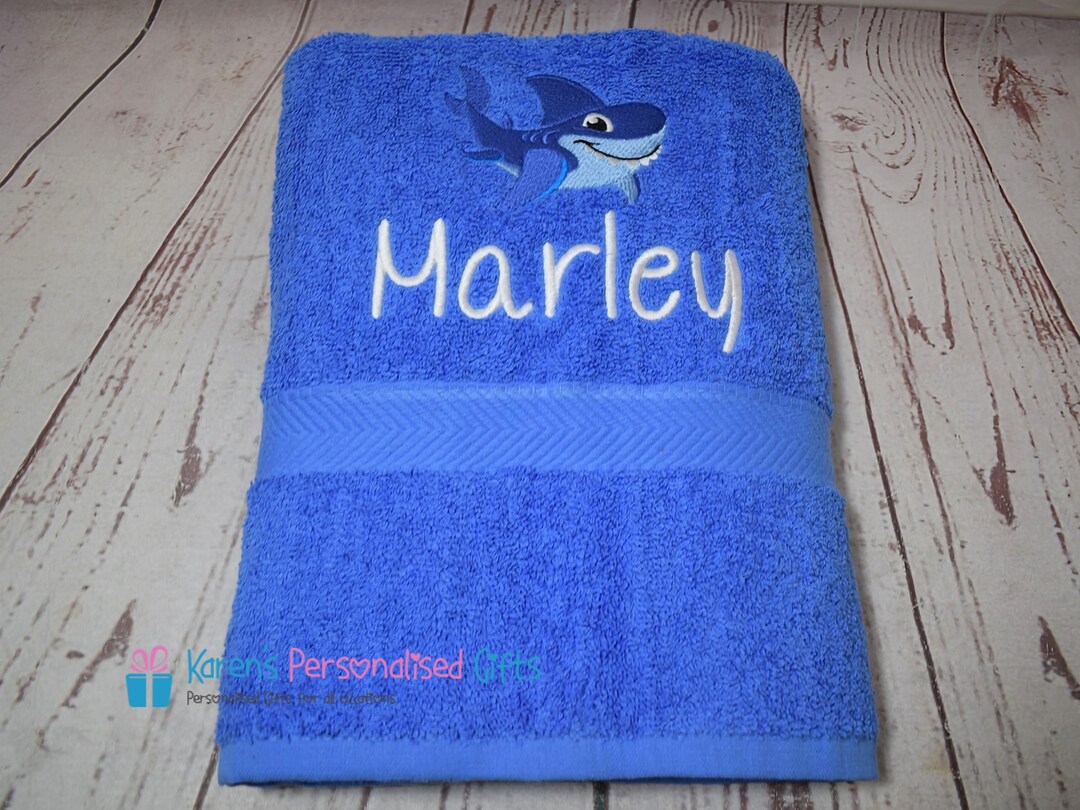 Personalised Kids Bath Towel, Blue Shark Bath Towel, Children's Shark Swim Towel, Embroidered