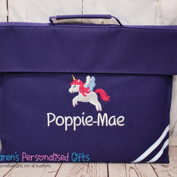Bolsa de libros personalizada para niños, Bolsa de libros de lectura de unicornio púrpura, Unicornio bordado + nombre, Bolsa de libro escolar, (Elección de 7 colores)