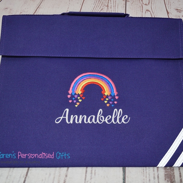 Bolsa de libros para niños personalizada, bolsa de libros de lectura con arcoíris morado, arcoíris bordado + nombre, bolsa de libros escolares (elección de 7 colores)