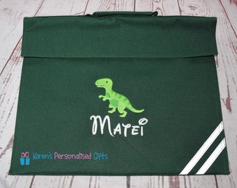 Personalised Kids Book Bag, Bottle Green Embroidered Dinosaur Book Bag, School Book bag, (Choice of 7 colours)