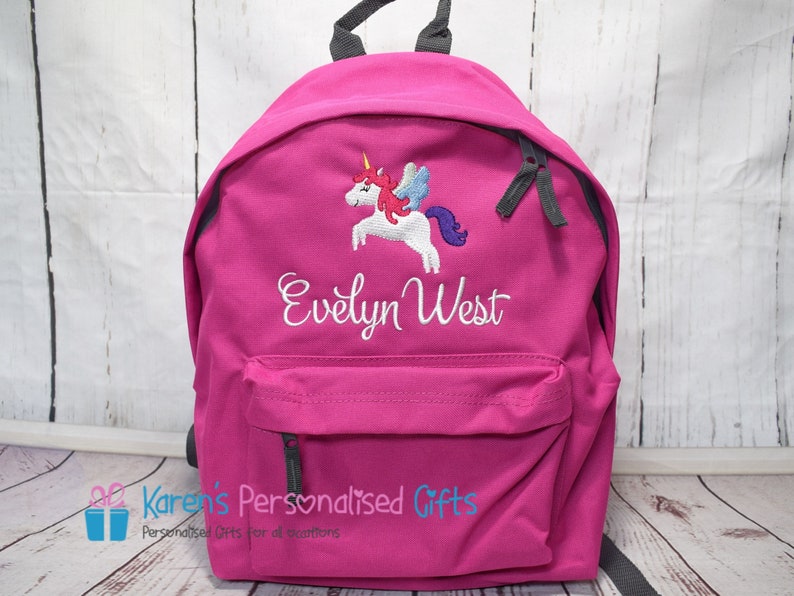 Personalised Backpack, Pink, Kids Embroidered Unicorn Name, School Bag, Back to School, Rucksack, Choice of colours Pink