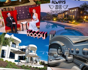 May include: A collage featuring luxury mansions with swimming pools, private jet interiors with dining tables and fireplaces, and individuals in formal attire. Text overlays include You're amazing, ALWAYS BE INSPIRED, Happy, GOOD VIBES, and You GOT THIS.