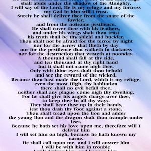 May include: A blue and white image with the text "Psalm 91" in a large, bold font. The text is surrounded by a light blue background with a white border. The text of Psalm 91 is written in a smaller font and is centred on the page. The text is in black and is easy to read.