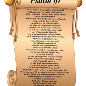 May include: A vintage-style scroll with a brown background and gold accents. The scroll features the text "Psalm 91" in a large, bold font. The text is a passage from the Bible, describing the protection and guidance of God.