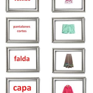 A4 PDF Spanish Vocabulary flashcards. Clothes flash cards set two. Shichida flash cards. RF. Haguru education. Right brain. Baby shower gift