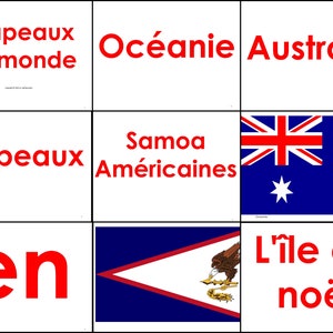 World Flags in French. DIGITAL DOWNLOAD. Preschools, toddlers. A4 Flash Cards. Flags of the world in french. Whole set Oceania flags.