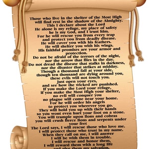 May include: A vintage-style scroll with a brown background and gold accents. The scroll features the text "Psalm 91" in a large, bold font. The text continues with a passage from the Bible, describing the protection and blessings of God.