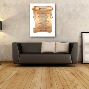 May include: A canvas print of Psalm 91, a biblical passage, displayed on a scroll with gold accents. The scroll is set against a white background.