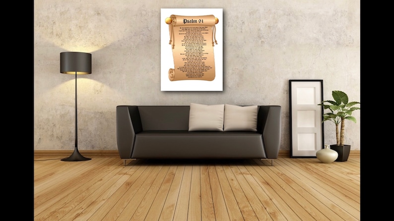 May include: A canvas print of Psalm 91, a biblical passage, displayed on a scroll with gold accents. The scroll is set against a white background.